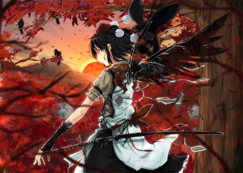 alternate_costume autumn_leaves bad_id bad_pixiv_id bird black_hair black_wings cibo_(killy) crow evening from_behind hat looking_away plant pom_pom_(clothes) pose puffy_short_sleeves puffy_sleeves serious shameimaru_aya short_sleeves solo sunset sword tokin_hat touhou tree weapon wings