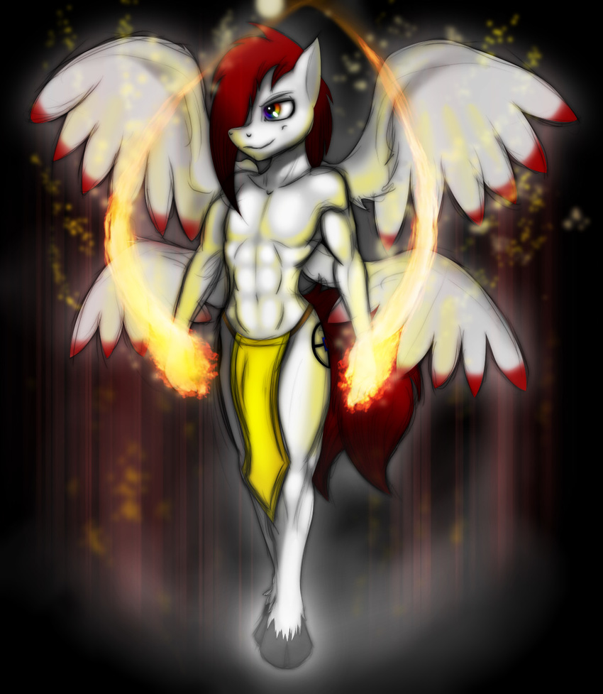 abs amber_eyes anthro anthrofied cutie_mark equine fur hair jrvanesbroek loincloth male mammal multi_wing my_little_pony pegasus red_hair solo white_fur wings