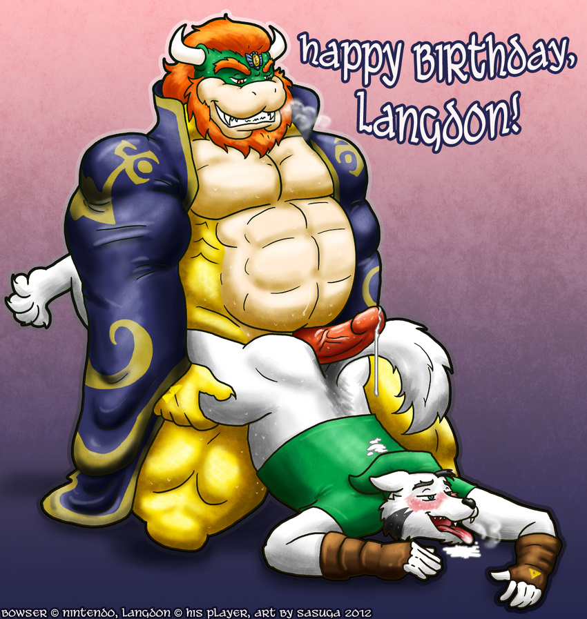 4_toes animal_ears anthro balls beard belly biceps big big_muscles big_penis birthday black_hair blue_eyes blush bowser butt canine chubby claws clothing collar cosplay couple cum dog dragon duo english_text erection facial_hair facial_markings fangs from_behind fur ganondorf gay gloves hair hindpaw horn hot_dogging husky interspecies jewelry king koopa langdon langdon_marston leaking link lying male mammal mario_bros markings musclegut muscles nintendo nipples nude open_mouth overweight panting paws pecs penis plain_background raised_tail red_eyes red_hair reptile robe royalty sasuga scalie sex shirt simple_background size_difference slut slutty smile soles spikes spread_legs spreading teeth text the_legend_of_zelda thick thick_penis thighs toes tongue tongue_out triforce turtle vein veins video_games white_fur