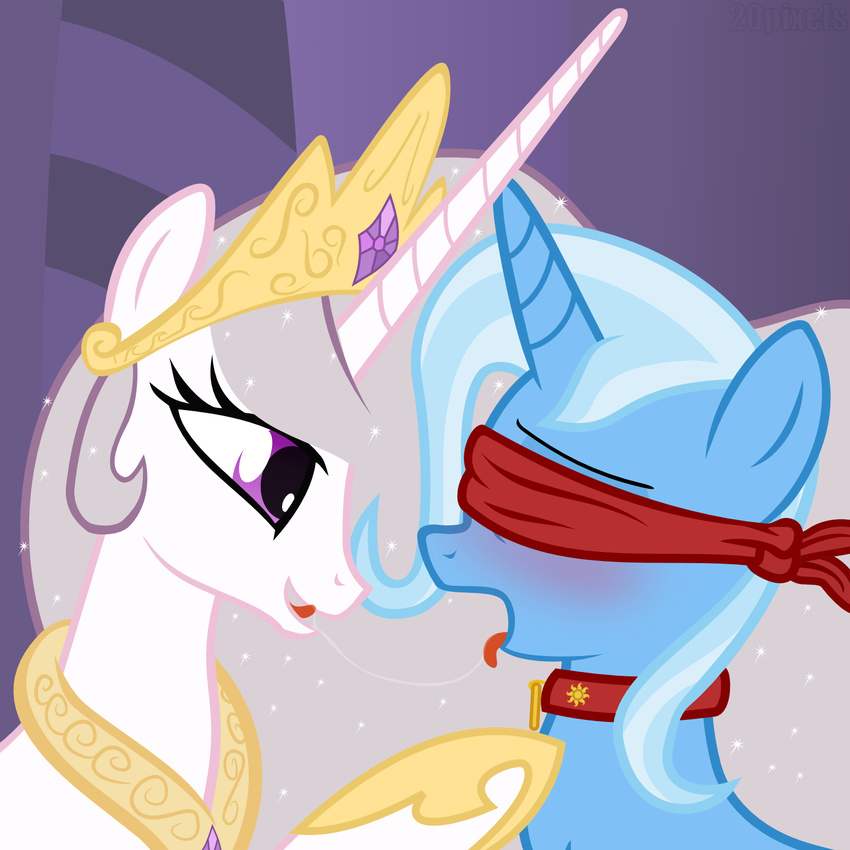 20pixels blindfold blue_fur blue_hair blush bound collar crown drooling duo equine female feral friendship_is_magic fur hair hi_res horn lesbian long_hair mammal multi-colored_hair my_little_pony open_mouth oral princess princess_celestia_(mlp) princess_molestia_(mlp) purple_eyes royalty saliva saliva_string tongue tongue_out trixie_(mlp) two_tone_hair unicorn white_fur winged_unicorn wings