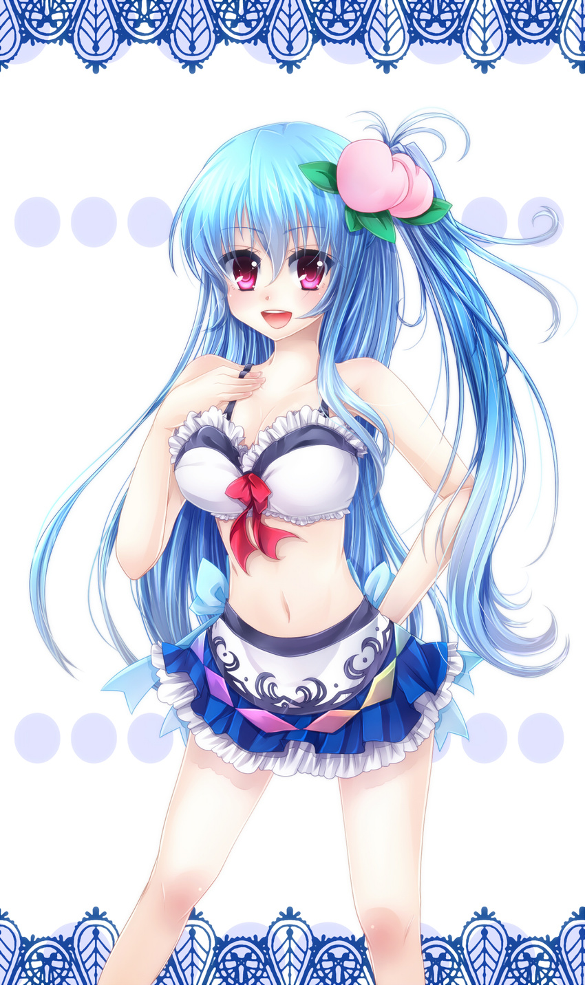 :d alternate_costume alternate_hairstyle arm_behind_back bad_id bad_pixiv_id bare_shoulders bikini blue_hair blush food fruit highres hinanawi_tenshi long_hair looking_at_viewer navel no_hat no_headwear open_mouth peach pink_eyes side_ponytail siyusiyu13 smile solo swimsuit touhou