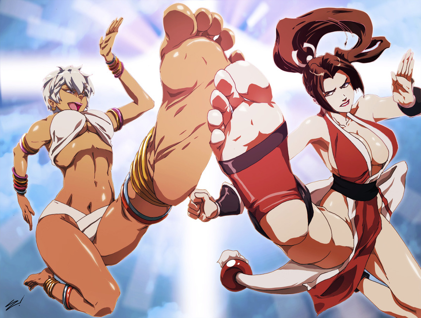 2girls anklet barefoot breasts capcom capcom_vs_snk dark_skin elena feet fighting jewelry king_of_fighters large_breasts multiple_girls pov_feet scamwich shiranui_mai short_hair snk soles street_fighter toeless_socks toes white_hair