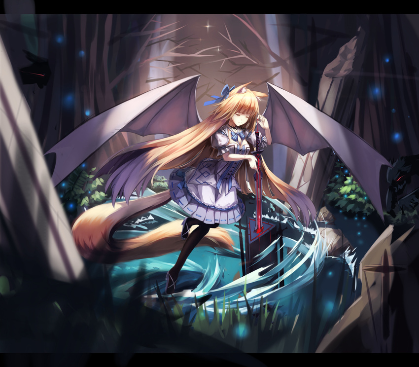 absurdres animal_ears bare_tree bat_wings black_legwear blonde_hair blood blurry bow closed_eyes corset cross cubies_(tiger_205) depth_of_field dress fox_ears fox_tail highres light_beam light_particles long_hair original pantyhose planted_sword planted_weapon puffy_sleeves ribbon short_sleeves solo star_(sky) sword tail tree very_long_hair water weapon wings