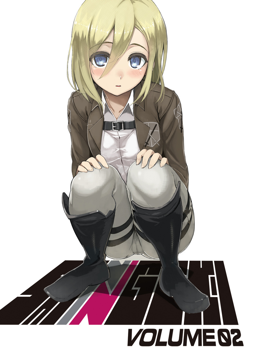 blonde_hair blue_eyes blush boots christa_renz cover cover_page emblem highres jacket namaniku_atk paradis_military_uniform shingeki_no_kyojin short_hair solo squatting thigh_strap training_corps_(emblem)