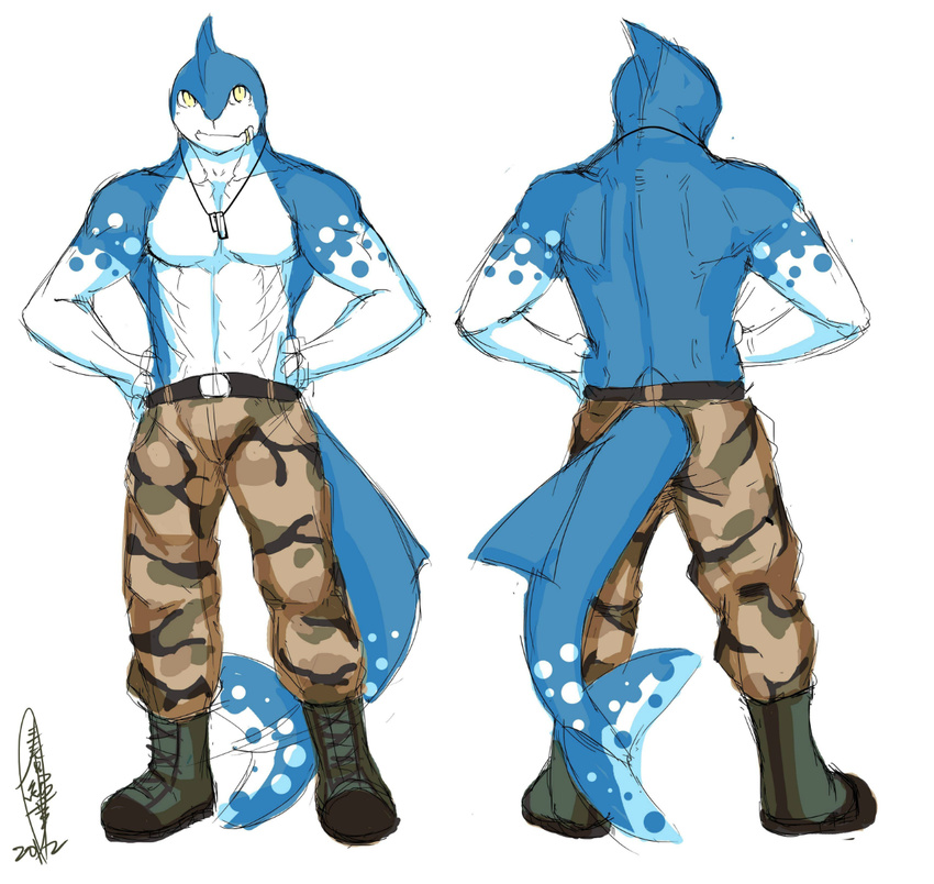 anthro army belt biceps blue_skin boots camo clothing dog_tags fin fish footwear kakushimi male marine military muscles pants pecs piercing plain_background pose scales shark solo standing topless white_background yellow_eyes