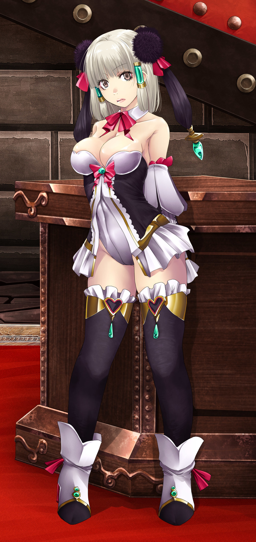 absurdres arms_behind_back bare_shoulders black_legwear blonde_hair breasts brown_eyes cleavage fantasy_earth_zero frills high_heels highres large_breasts mr.romance shoes short_hair solo thighhighs