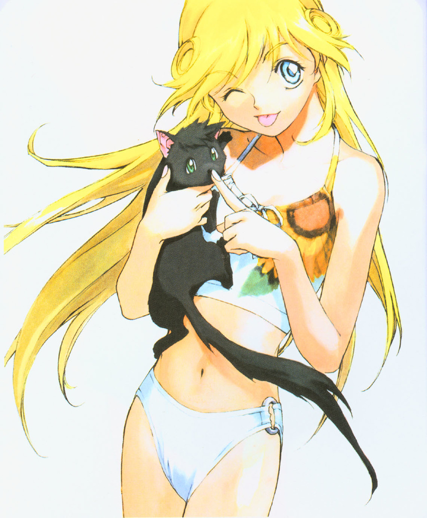 ;p bikini bikini_bottom blonde_hair blue_eyes cat cleo_everlastin highres kusaka_yuuya leki long_hair majutsushi_orphen midriff one_eye_closed scan swimsuit tank_top tongue tongue_out