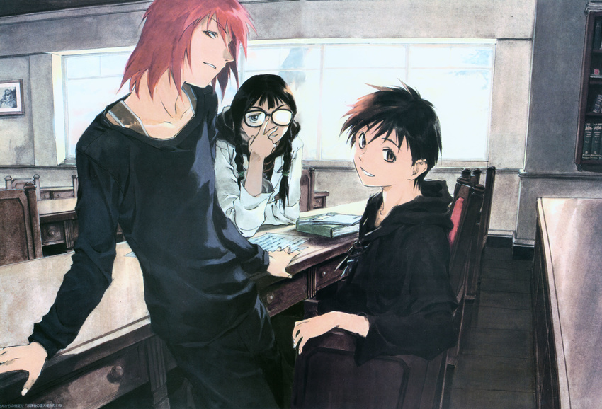 black_hair brown_eyes comicron glasses hartia highres kusaka_yuuya majutsushi_orphen male_focus multiple_boys orphen red_hair scan