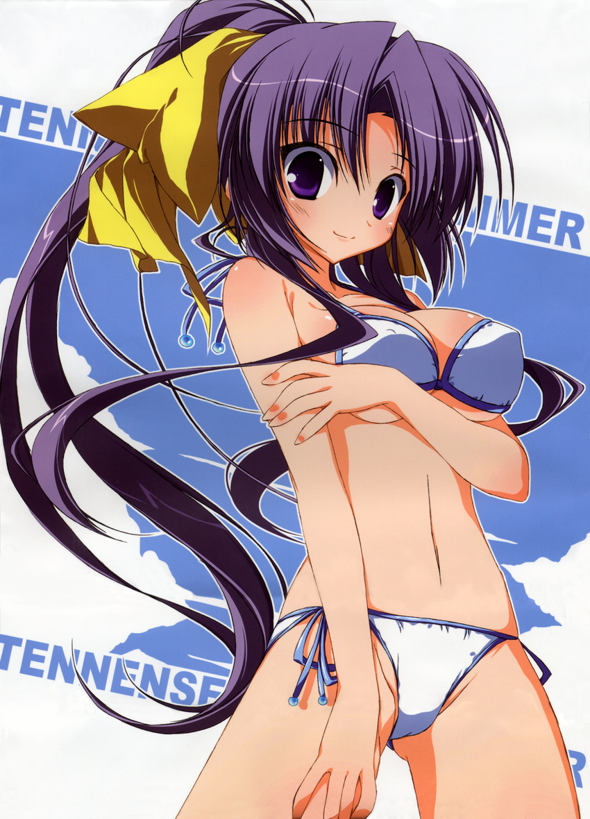 absurdres bikini blush breast_hold breasts covered_nipples hair_ribbon highres kurugaya_yuiko large_breasts little_busters! long_hair midriff navel ponytail purple_eyes purple_hair ribbon side-tie_bikini solo standing suzuri_(tennenseki) swimsuit