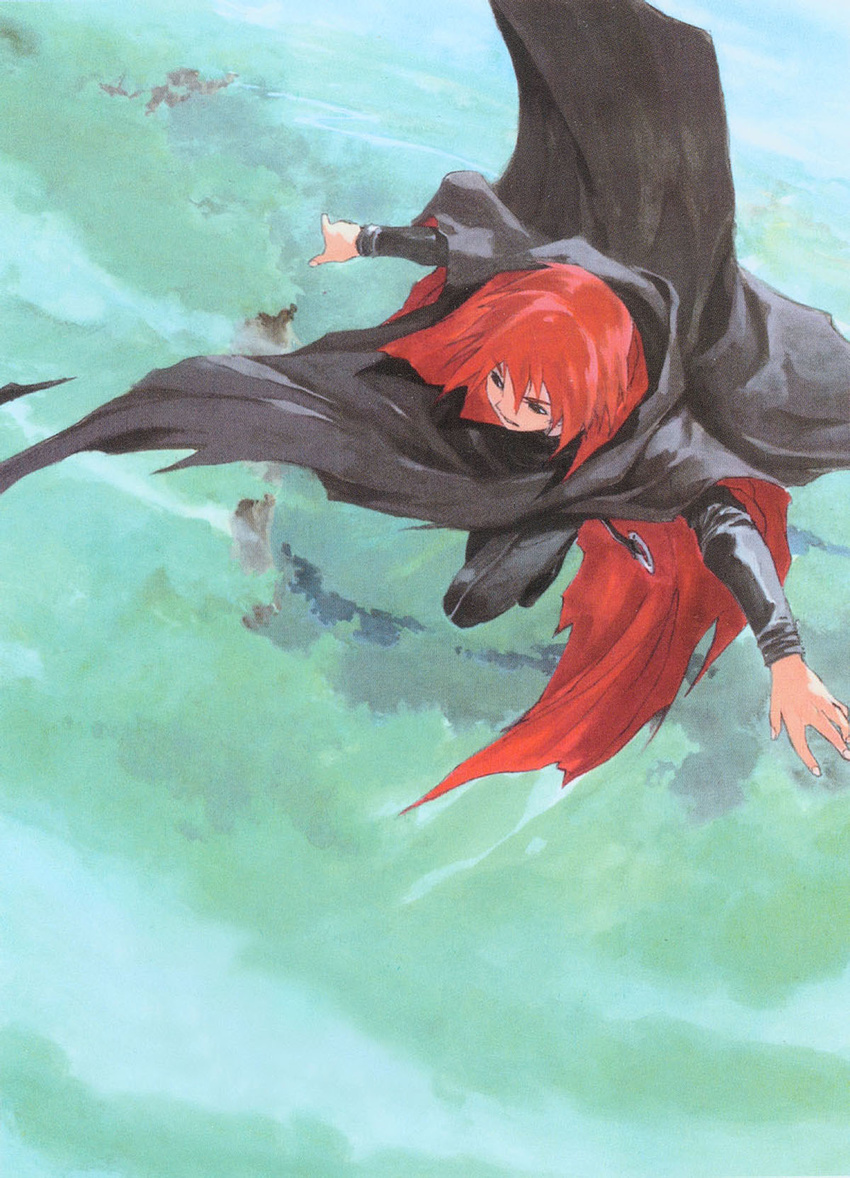 bangs black_cloak cloak cloud day from_above hair_between_eyes hartia highres kusaka_yuuya long_sleeves looking_away looking_down majutsushi_orphen male_focus midair o-ring outdoors outstretched_arms red_hair scan solo