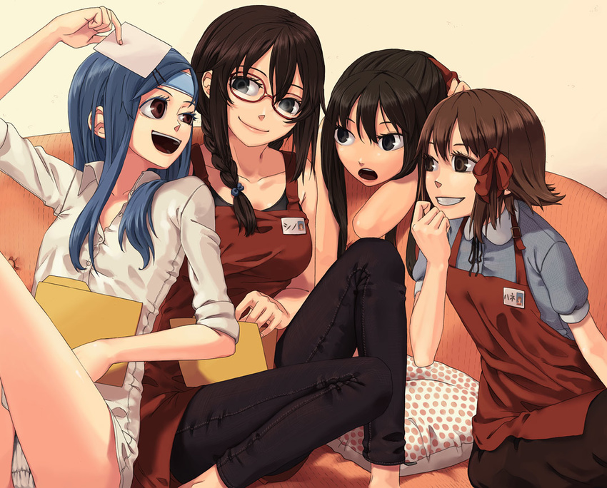 apron bad_id bad_pixiv_id blue_hair brown_hair glasses itsutsu multiple_girls original panties underwear upskirt