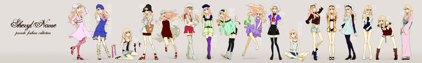 absurdres bad_id bad_pixiv_id barefoot bikini blonde_hair boots bra chart comparison costume_chart dress fashion fishnets green_eyes hat highres japanese_clothes kimono lingerie long_hair long_image macross macross_frontier necktie ni_(pixiv154638) panties sandals sheryl_nome sundress sunglasses swimsuit thighhighs underwear wide_image