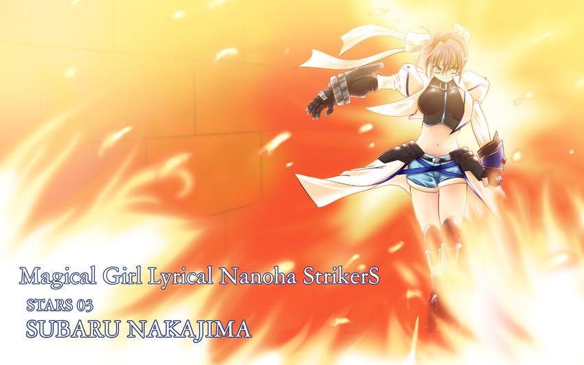 aoi_sakuya gloves highres inline_skates lyrical_nanoha mach_caliber mahou_shoujo_lyrical_nanoha_strikers midriff revolver_knuckle roller_skates shorts skates solo subaru_nakajima wallpaper