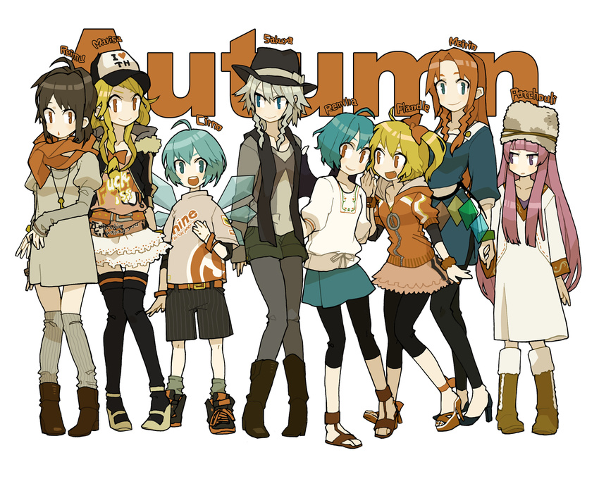 6+girls ahoge alternate_costume autumn bad_id bad_pixiv_id baseball_cap belt blonde_hair bow casual character_name cirno contemporary dress english fashion fedora flandre_scarlet fur_hat hair_bow hakurei_reimu haruo_(clownberry) hat highres hong_meiling izayoi_sakuya kirisame_marisa layered_skirt leggings long_sleeves multiple_girls pants patchouli_knowledge profanity remilia_scarlet short_dress shorts side_ponytail sleeves_past_wrists thighhighs touhou zettai_ryouiki