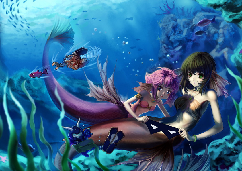 aqua_background armlet bikini_top blue_eyes bracelet brown_hair bubble coral fins fish green_eyes gunleon head_fins jewelry light_rays long_hair mail_beater mecha mermaid monster_girl monsterification multiple_girls necklace pink_hair seaweed setsuko_ohara shadow shield short_hair st.microscope starfish sunbeam sunlight super_robot_wars super_robot_wars_z underwater