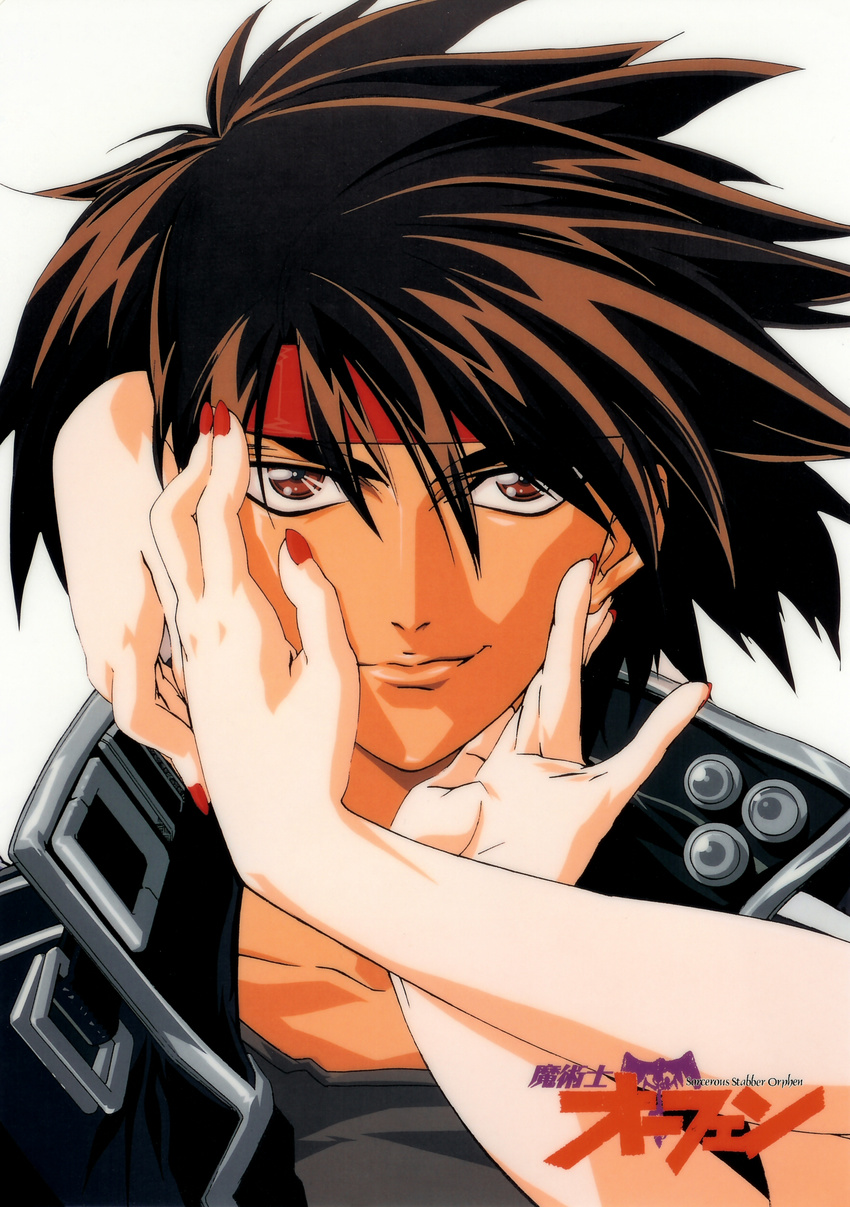 absurdres artist_request black_hair brown_eyes hands headband highres majutsushi_orphen male_focus nail_polish orphen red_nails scan solo