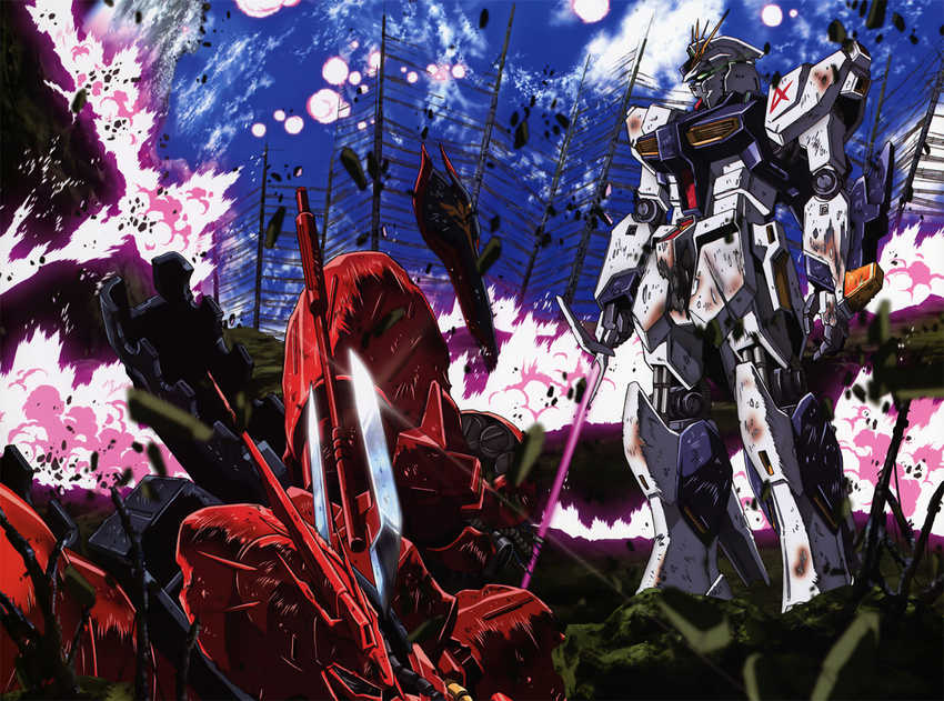 beam_saber char's_counterattack damaged energy_sword gundam mecha no_humans nu_gundam sazabi shield sword weapon