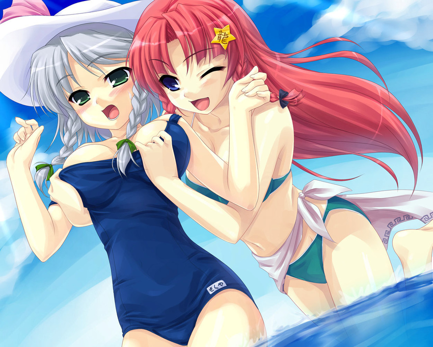 bikini day hat hong_meiling izayoi_sakuya long_hair multiple_girls ocean one-piece_swimsuit one_eye_closed pulled_by_another red_hair ribbon school_swimsuit sea_chicken short_hair silver_hair swimsuit swimsuit_pull touhou