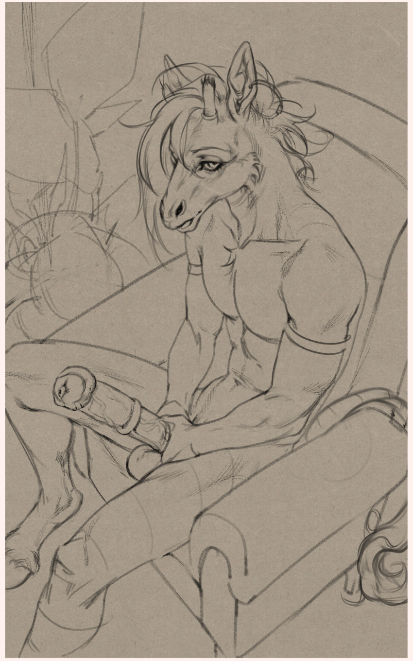 absurd_res anthro armchair balls belgefor chair decoration flower furniture genitals giraffe giraffid hi_res hooves inside male mammal masturbation monochrome open_mouth penis plant sitting sketch solo