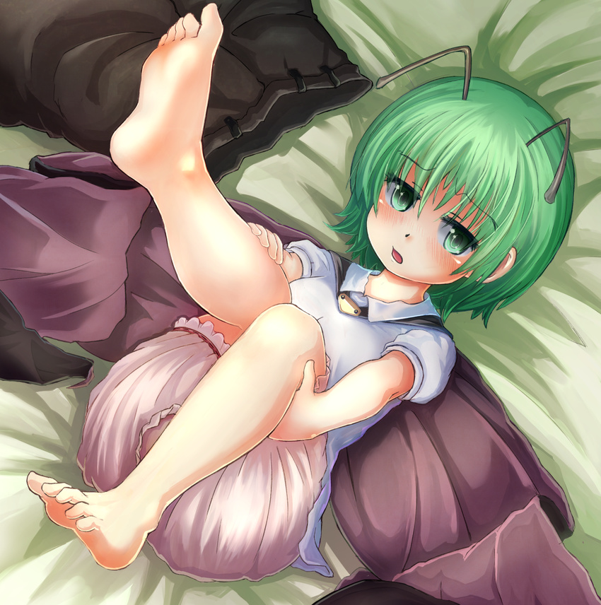 adworse antennae barefoot bloomers blush cape green_eyes green_hair legs_up lying no_shoes on_back on_bed open_mouth pants pants_removed short_hair solo touhou underwear wriggle_nightbug