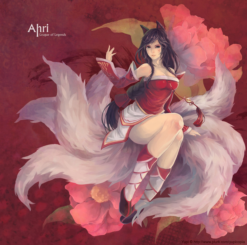 absurdres ahri animal_ears bare_shoulders black_hair breasts brown_eyes cleavage detached_sleeves facial_mark flower fox_ears fox_tail highres korean_clothes large_breasts league_of_legends long_hair multiple_tails solo tail whisker_markings yupi_(yupi)