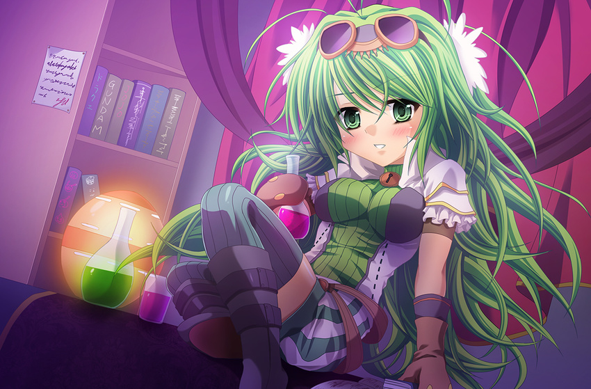 alchemic_magician alstakayuki boots duel_monster flash gloves goggles green_eyes green_hair long_hair messy_hair takayuuki test_tube thighhighs yu-gi-oh! yuu-gi-ou_duel_monsters