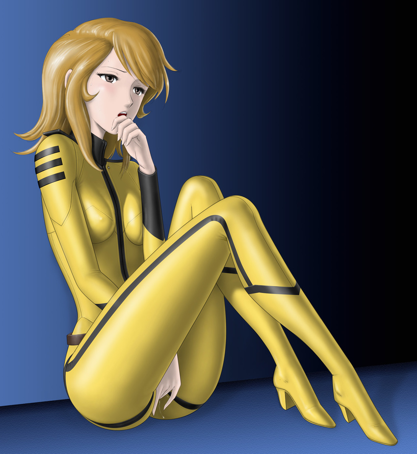 1girl against_wall blonde_hair bodysuit breasts brown_eyes clothed_masturbation dak_suit descch gd3 hand_to_mouth hand_to_own_mouth highres masturbation mori_yuki open_mouth pussy_juice shiny shiny_clothes sitting skin_tight solo uchuu_senkan_yamato uchuu_senkan_yamato_2199 uniform