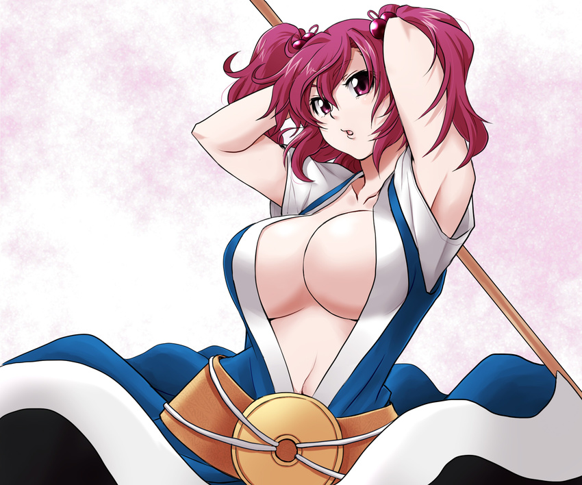 adjusting_hair armpits arms_up bangs breasts center_opening cleavage collarbone hair_bobbles hair_ornament highres large_breasts no_bra onozuka_komachi ooike_teru parted_bangs red_eyes red_hair short_hair solo touhou two_side_up upper_body