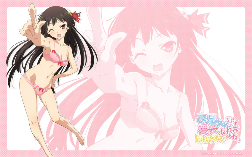 bell black_hair bow bow_bra bow_panties bra copyright_name frame frilled_bra frilled_panties frills hair_bell hair_ornament hair_ribbon hand_on_hip highres himenokouji_akiko kawamura_kousuke logo long_hair long_legs looking_at_viewer midriff navel official_art one_eye_closed onii-chan_dakedo_ai_sae_areba_kankeinai_yo_ne open_mouth panties pink_bra pink_panties pointing pose purple_eyes ribbon solo underwear underwear_only wallpaper zoom_layer