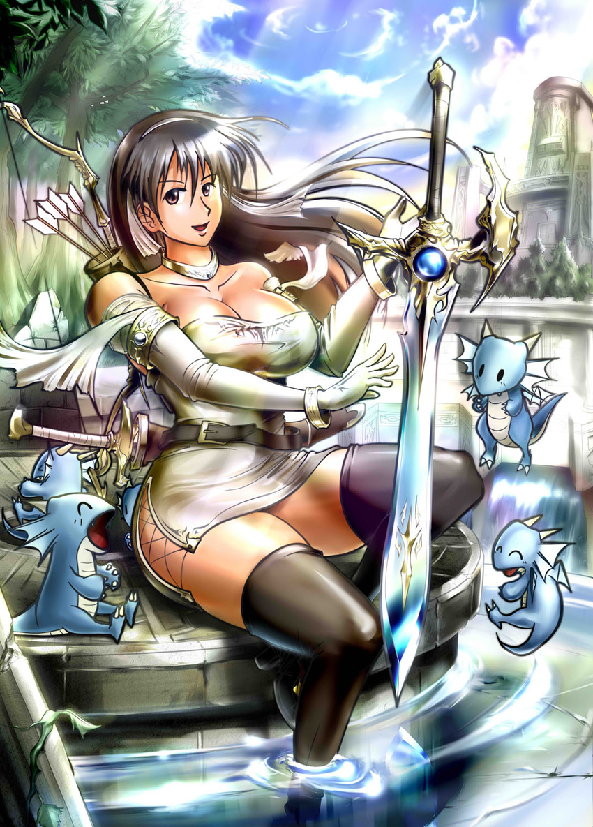arrow bare_shoulders belt black_legwear boots bow_(weapon) bracelet breasts brown_eyes brown_hair cleavage dragon elbow_gloves fantasy gloves hairband highres huge_breasts jewelry jun_hachi legs long_hair necklace original sitting solo sword thighhighs thighs water weapon