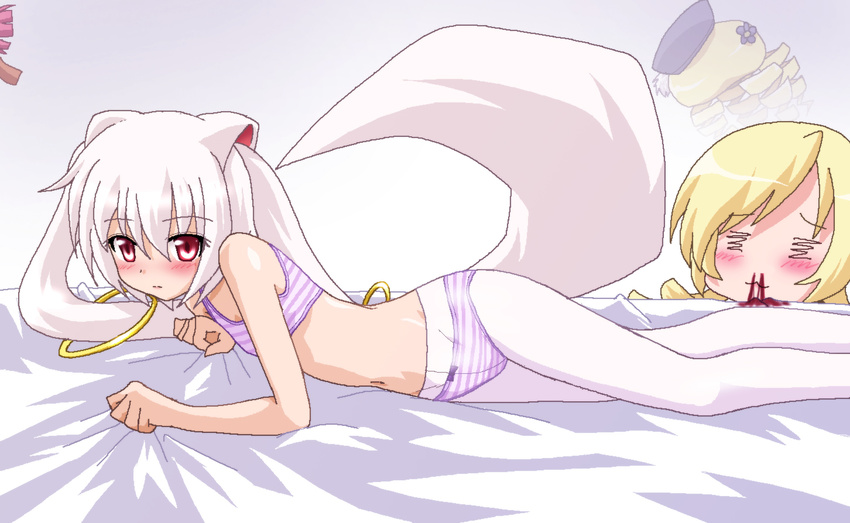 animal_ears blonde_hair blood blush charlotte_(madoka_magica) crotch_seam hayashiya_zankurou jellyfish kyubey long_hair looking_at_viewer mahou_shoujo_madoka_magica mamikurage multiple_girls navel nosebleed panties panties_under_pantyhose pantyhose personification red_eyes striped striped_panties tail tomoe_mami twintails underwear white_hair white_legwear yuri