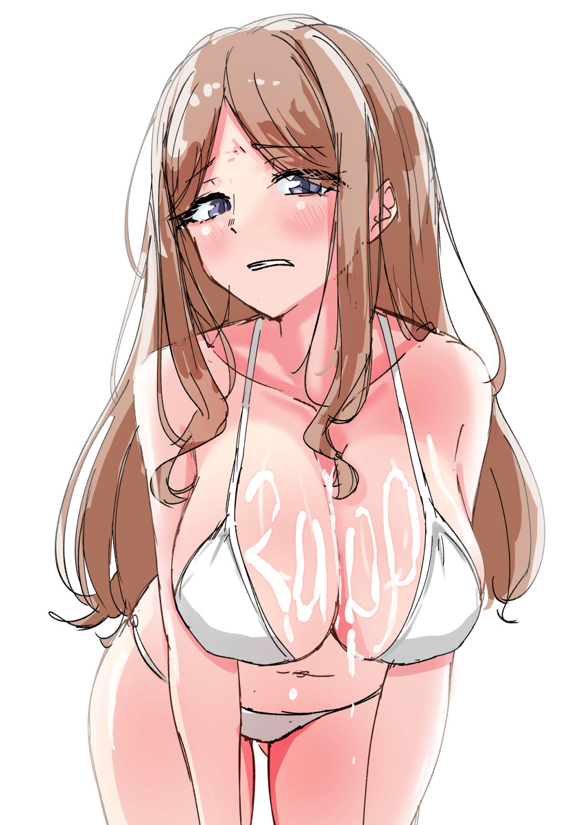 1girl absurdres aoi_illust09 ass_visible_through_thighs bang_dream! bang_dream!_it's_mygo!!!!! bare_arms bare_shoulders bikini blue_eyes blush body_writing breasts brown_hair cleavage clenched_teeth collarbone commentary_request cowboy_shot food_on_body halterneck highres large_breasts leaning_forward long_hair looking_at_viewer milestone_celebration mygo!!!!!_(bang_dream!) nagasaki_soyo navel parted_bangs parted_lips purple_eyes sidelocks simple_background sketch solo standing stomach string_bikini suggestive_fluid swimsuit teeth very_long_hair white_background white_bikini