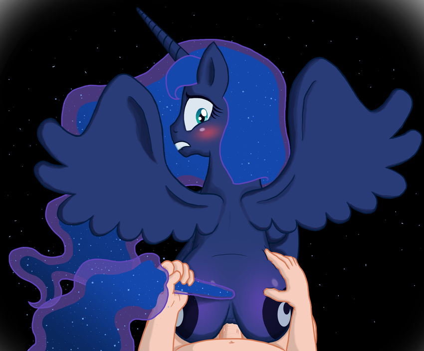 absurd_res anal anal_penetration asstronaut bestiality blush butt cutie_mark duo equine female feral first_person_view friendship_is_magic hi_res horn horse human interspecies looking_at_viewer looking_back male male_pov mammal my_little_pony penetration pony princess_luna_(mlp) saucyj_(artist) sex stars straight tail_grab winged_unicorn wings