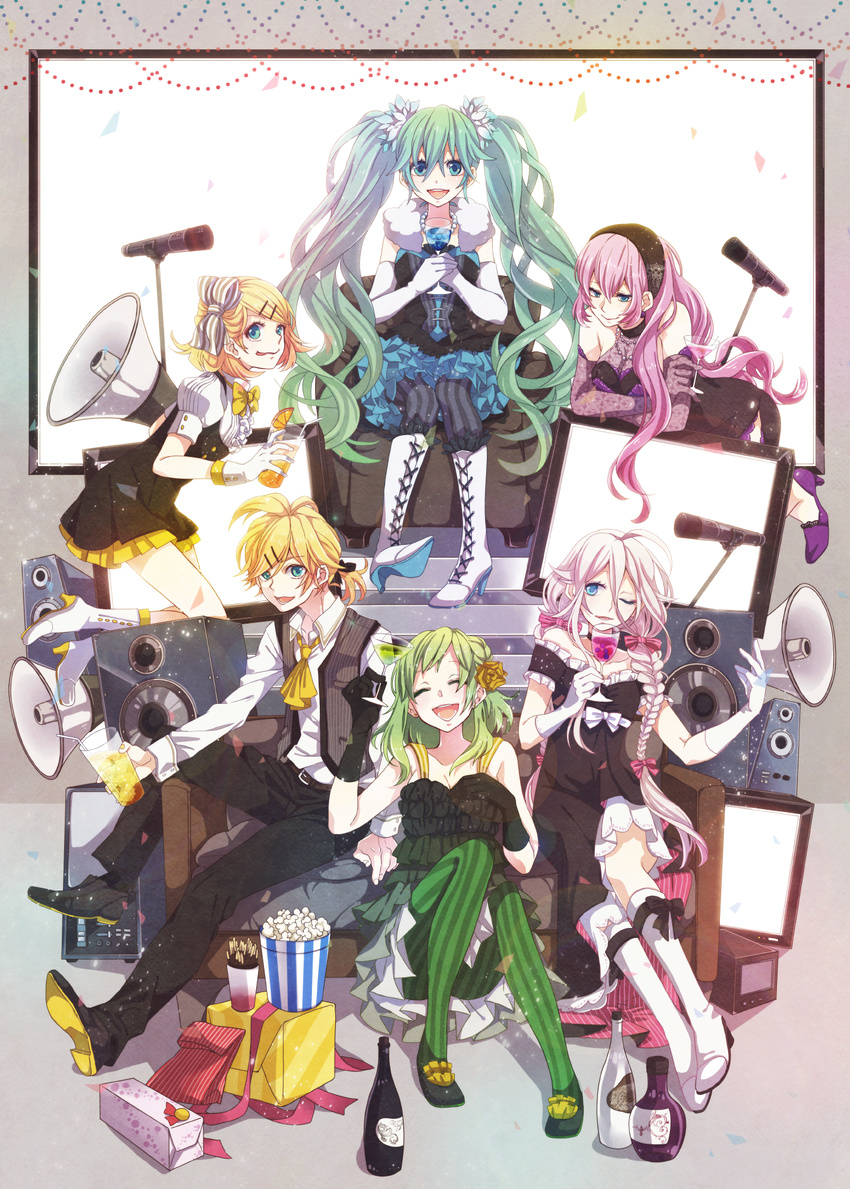 5girls aqua_eyes aqua_hair bare_shoulders blonde_hair blue_eyes boots bottle bow bowtie dress elbow_gloves flower food glass gloves green_eyes green_hair green_legwear gumi hair_bow hair_flower hair_ornament hair_ribbon hairband hairclip hatsune_miku highres ia_(vocaloid) kagamine_len kagamine_rin long_hair looking_at_viewer megurine_luka microphone microphone_stand multiple_girls one_eye_closed open_mouth pantyhose pink_hair popcorn ribbon short_hair skirt smile speaker striped striped_legwear twintails vertical-striped_legwear vertical_stripes very_long_hair vocaloid yamako_(state_of_children)