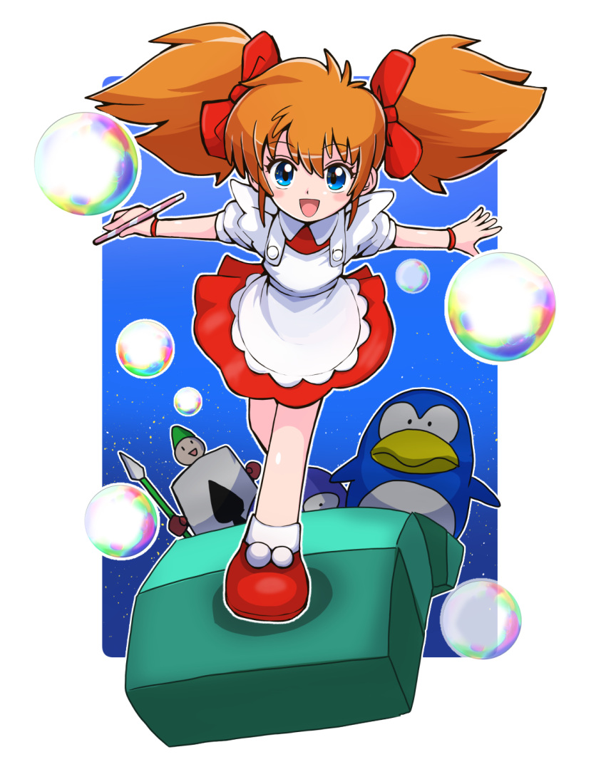 1girl ace_(playing_card) ace_of_spades alice_(marchen_maze) apron bird blue_eyes bow bracelet brown_hair bubble_pipe card commentary_request dress green_hat hair_bow hat highres holding holding_polearm holding_weapon jewelry looking_at_viewer marchen_maze medium_hair open_mouth penguin playing_card polearm red_bow red_dress red_shoes sakurajyousui_nami shoes short_sleeves smile soap_bubbles spade_(shape) spear standing twintails walking weapon white_apron