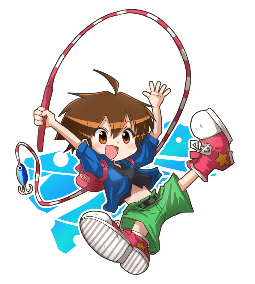 1girl arms_up backpack bag belt black_belt black_shirt blue_jacket brown_eyes brown_hair commentary_request fishing_rod full_body green_shorts highres holding holding_fishing_rod jacket midriff open_clothes open_jacket open_mouth pink_bag pink_shoes sakurajyousui_nami shirt shoes short_hair short_sleeves shorts smile sneakers solo umihara_kawase umihara_kawase_(character)