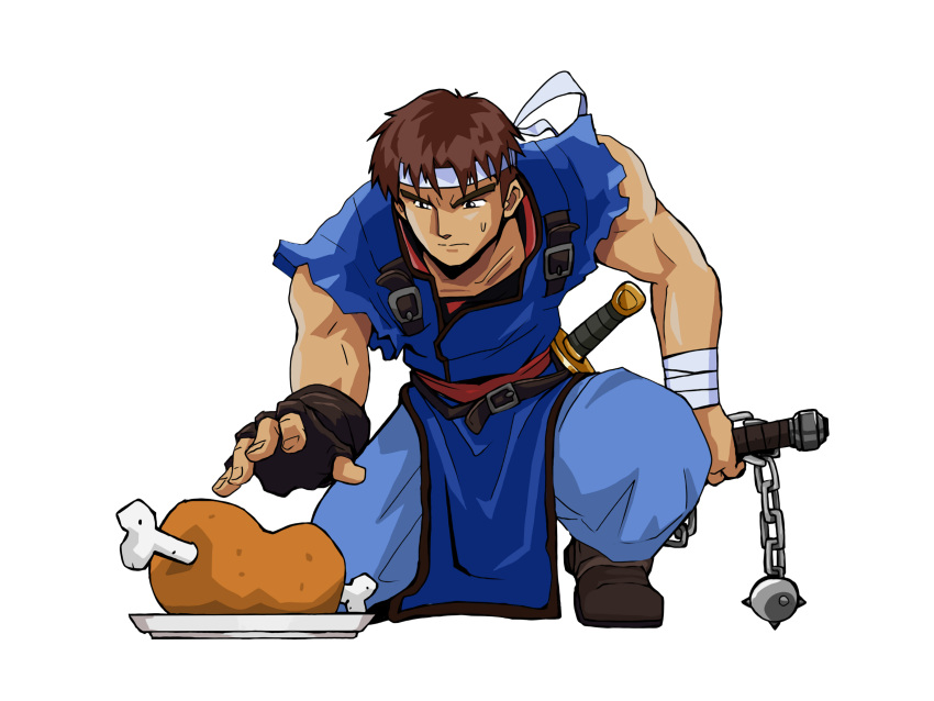 1boy absurdres arm_wrap belt belt_buckle black_belt black_eyes black_gloves blue_pants blue_tunic boned_meat brown_hair brown_shoes buckle castlevania:_rondo_of_blood castlevania_(series) chain_whip closed_mouth commentary_request fingerless_gloves food gameplay_mechanics gloves headband highres holding holding_whip looking_at_food male_focus meat nervous on_one_knee pants pelvic_curtain plate reaching richter_belmont sakurajyousui_nami shoes single_glove small_sweatdrop solo sword sword_on_back toned toned_male transparent_background tunic weapon weapon_on_back whip white_headband