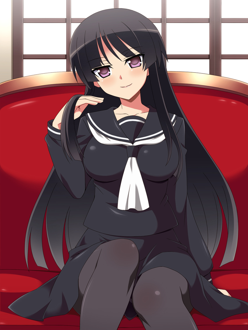 ayasein_yukana black_hair blush breasts dosukebe_ojousama_no_himitsu_kimoota_no_boku_ga_senyou_milk_server_ni_natta_wake highres long_hair looking_at_viewer miyamaya pantyhose purple_eyes school_uniform serafuku sitting skirt smile socks solo window