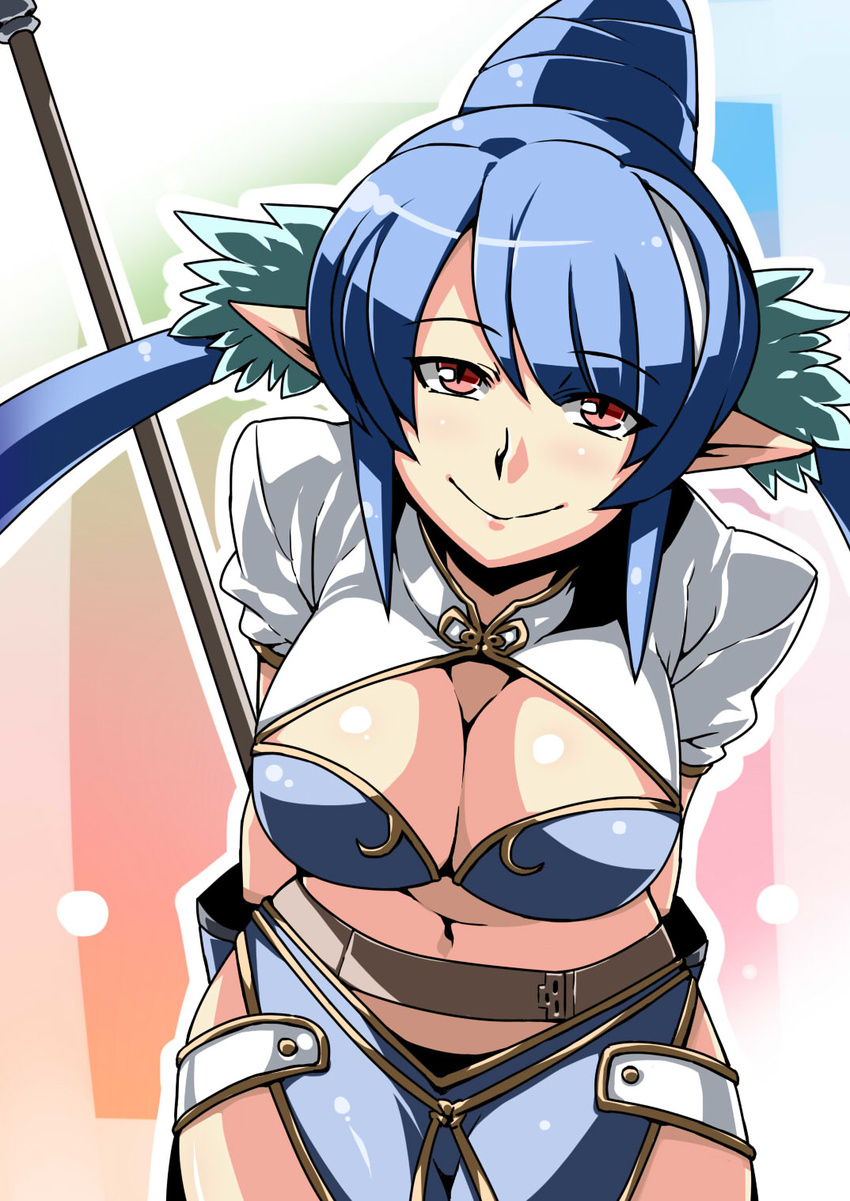 blue_hair breasts cleavage highres judith large_breasts leaning_forward midriff pointy_ears red_eyes smile solo tales_of_(series) tales_of_vesperia tsuki_wani