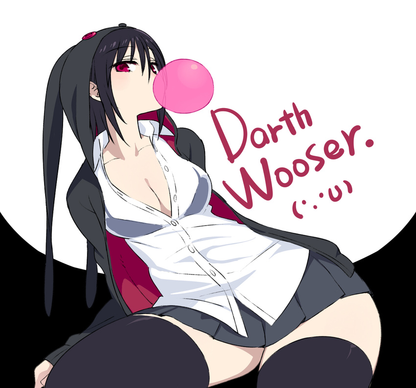 black_hair black_legwear breasts bubble_blowing chan_co character_name chewing_gum cleavage darth_wooser hips hood hood_down hooded_jacket hoodie jacket large_breasts looking_at_viewer open_clothes open_shirt original pleated_skirt red_eyes shirt sitting skirt slender_waist solo thighhighs