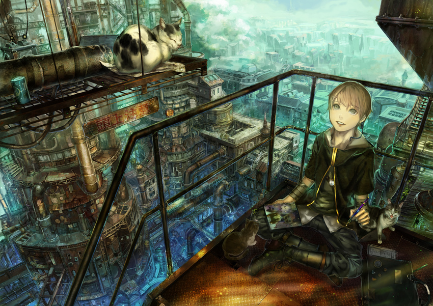 bandages boots brown_hair building cat city highres holding male_focus munashichi original pipes scenery silver_hair sitting smile solo steampunk window