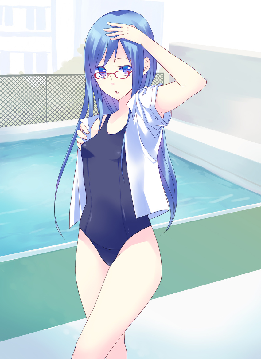 blue_eyes blue_hair chain-link_fence dress_shirt fence glasses gucchiann highres one-piece_swimsuit original outdoors pool poolside red-framed_eyewear school school_swimsuit shirt solo standing swimsuit