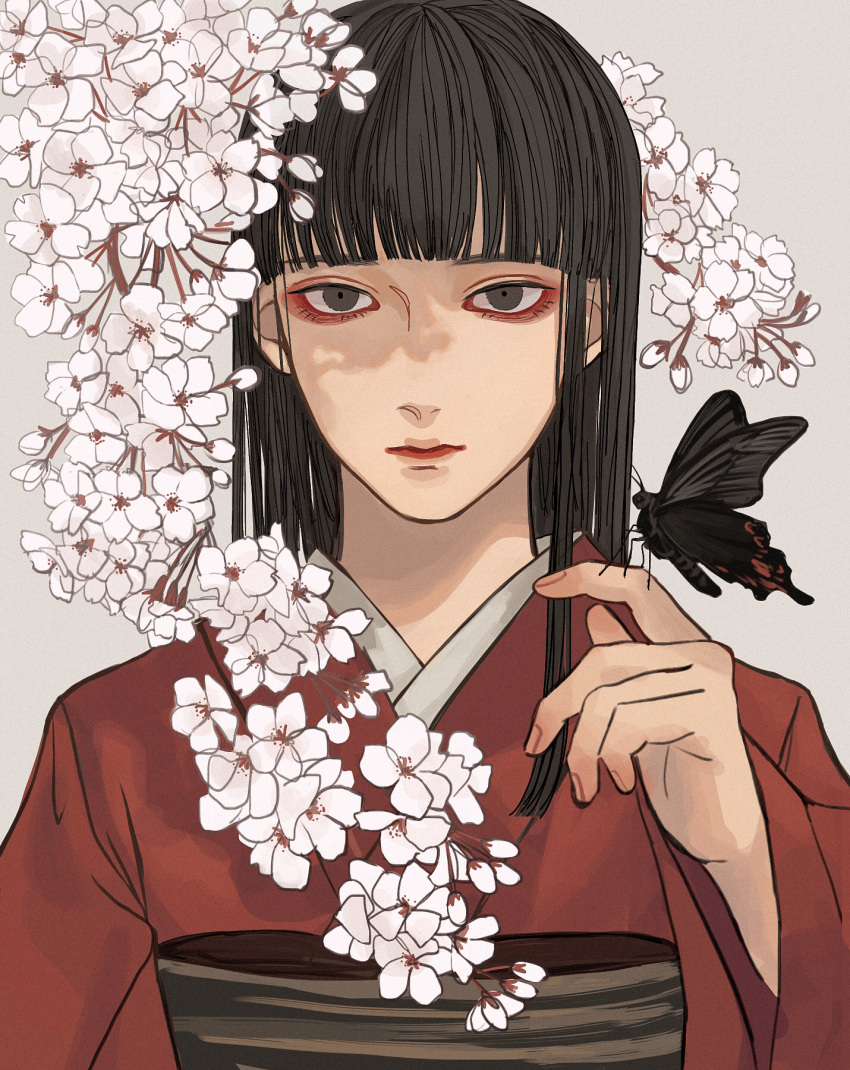 1girl bangs black_butterfly blunt_bangs branch brown_eyes brown_hair brown_sash bug butterfly butterfly_on_hand cherry_blossoms closed_mouth commentary expressionless fingernails flower hand_up highres japanese_clothes kagoya1219 kimono long_hair looking_at_viewer obi original red_kimono sash simple_background solo upper_body white_background white_flower