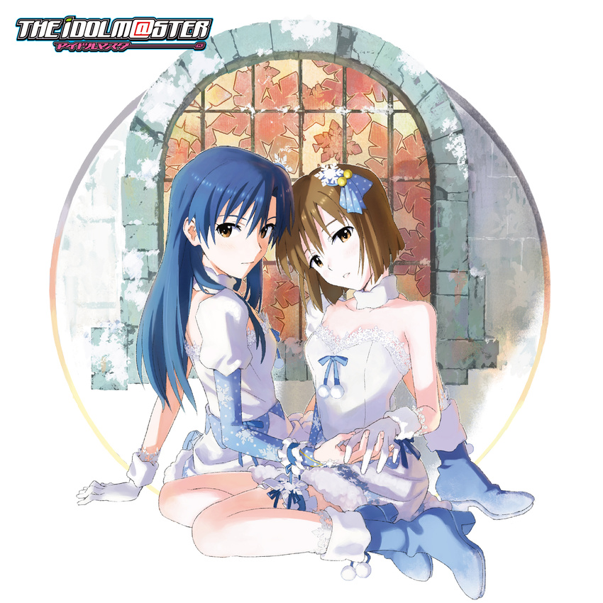 album_cover arch boots copyright_name cover dress gloves hagiwara_yukiho hair_ornament highres holding_hands idolmaster idolmaster_(classic) kisaragi_chihaya logo looking_at_viewer matsuo_yuusuke multiple_girls official_art sitting snow snowflake_hair_ornament snowflake_liliput snowflakes white_dress window winter