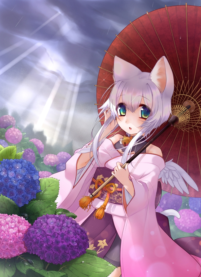 :o animal_ears aqua_eyes bell bell_collar black_hair blush cat_ears cat_tail cloud cloudy_sky collar flower fuuka_(kazane_chinya) highres holding hydrangea kazane_chinya long_hair looking_at_viewer oriental_umbrella original silver_hair sky solo sunlight tail umbrella white_wings wings