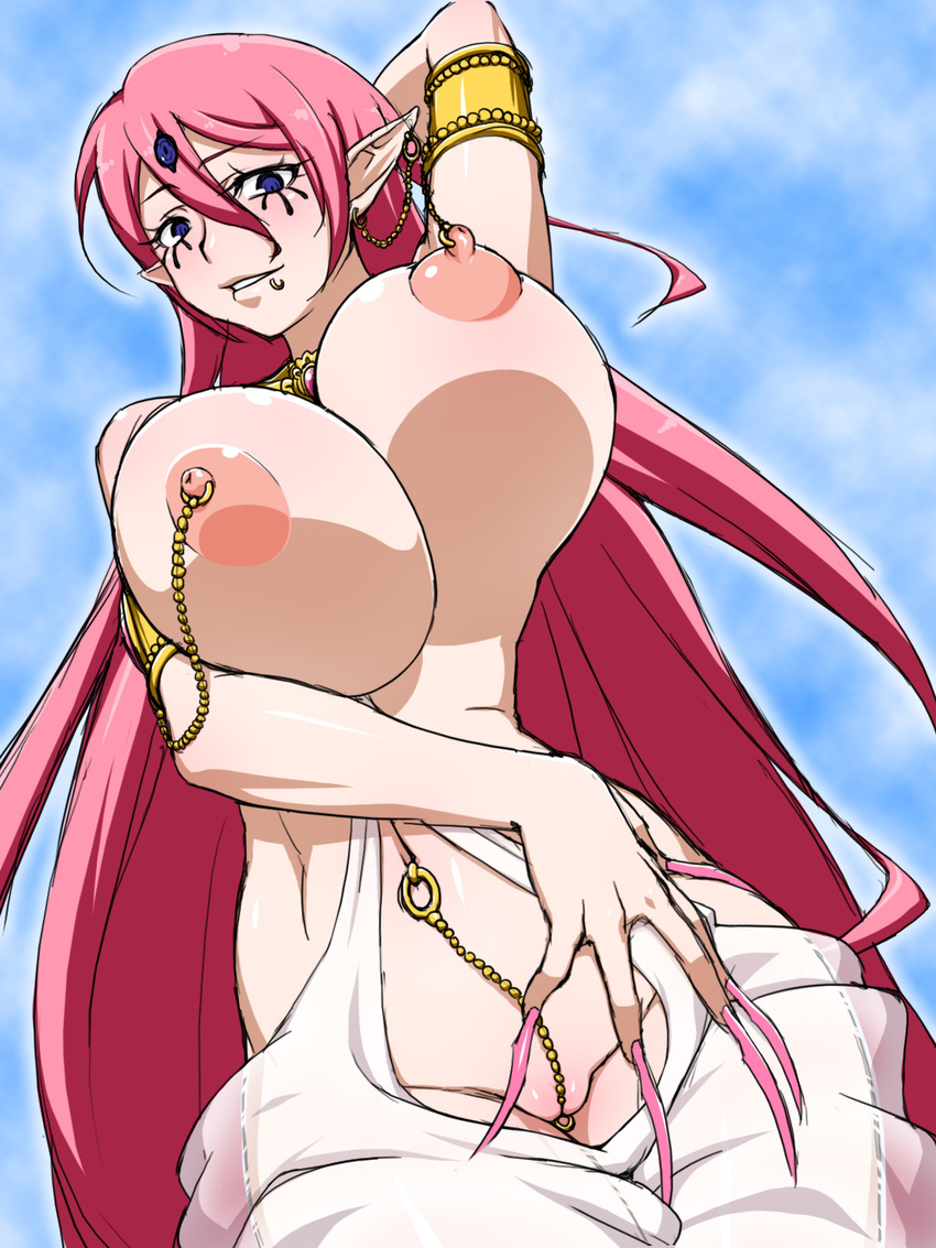 arms_up blue_eyes breasts chain fingernails highres huge_breasts kurojiya linked_piercing long_fingernails long_hair looking_at_viewer looking_down magi_the_labyrinth_of_magic nipple_piercing nipples paimon piercing pink_hair pointy_ears pussy smile solo third_eye very_long_hair