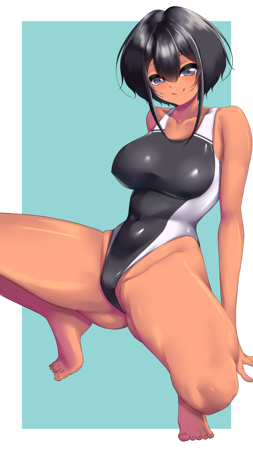 1girl arisu_(alice1019sm) black_hair black_one-piece_swimsuit breasts commentary_request competition_swimsuit covered_navel dark-skinned_female dark_skin grey_eyes highleg highleg_one-piece_swimsuit highres large_breasts one-piece_swimsuit original short_hair sidelocks smile solo spread_legs squatting swimsuit tan tomboy two-tone_swimsuit wide_spread_legs