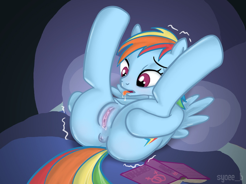 book cutie_mark equine female feral flexible friendship_is_magic hair horse invalid_tag legs_up lying mammal multi-colored_hair my_little_pony nude on_back pegasus pony purple_eyes pussy pussy_juice rainbow_dash_(mlp) solo syoee_b tongue tongue_out wings