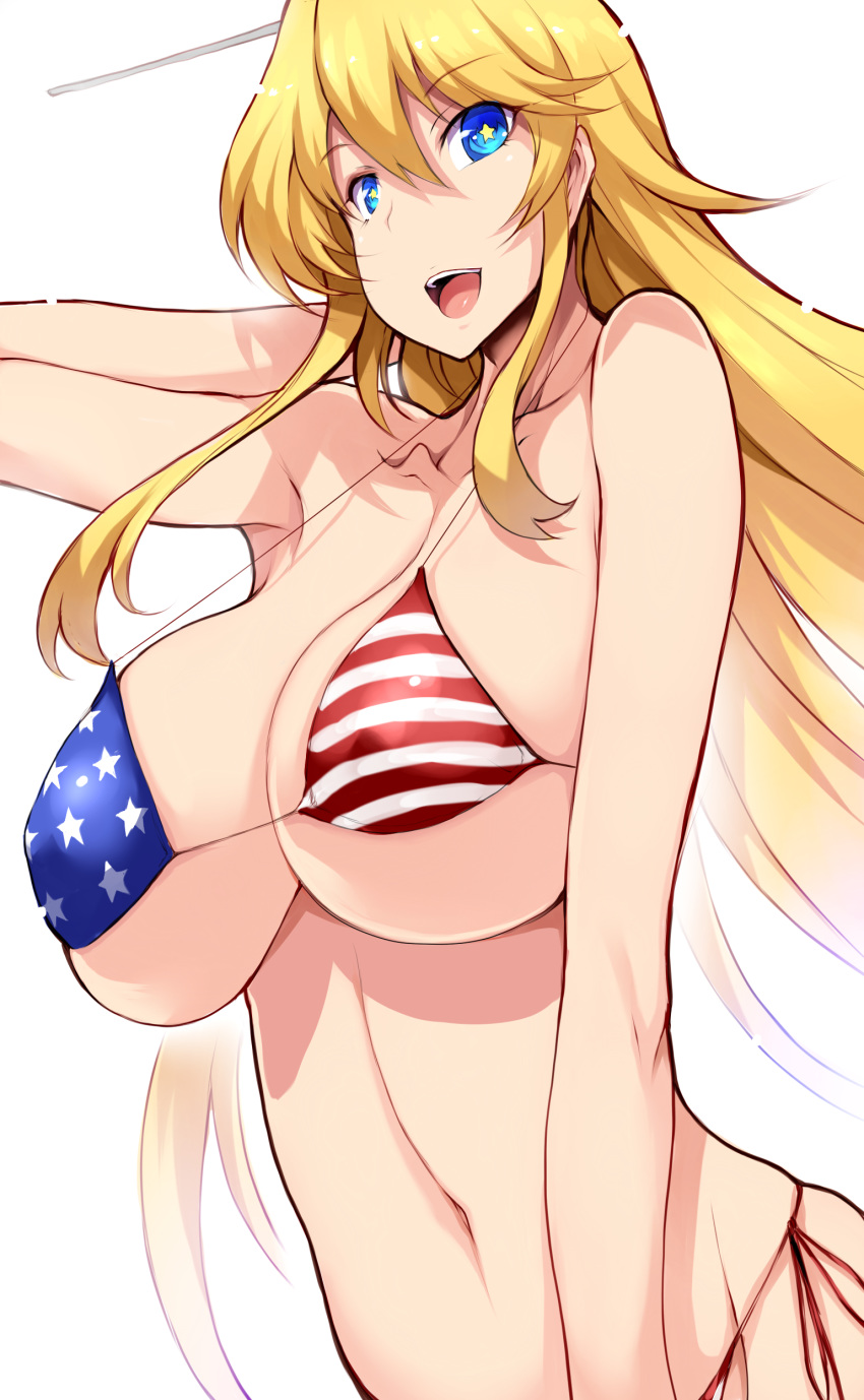 1girl absurdres alternate_costume american_flag_bikini bikini blonde_hair blue_eyes breasts collarbone commentary_request cowboy_shot flag_print highres huge_breasts iowa_(kantai_collection) kantai_collection large_breasts navel open_mouth side-tie_bikini simple_background smile solo star star-shaped_pupils swimsuit symbol-shaped_pupils tsukasawa_takamatsu upper_teeth white_background