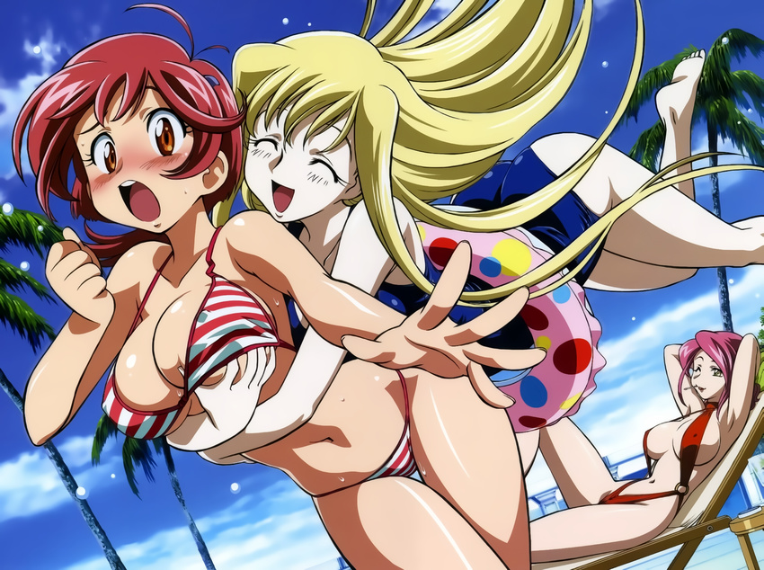 3girls antenna_hair aoi_anna aoi_kiriko armpits arms_behind_head barefoot beach bikini blonde_hair blush breast_grab breasts chair cleavage cloud eyes_closed feet godannar grabbing groping hair_ornament hairclip happy highres hug hug_from_behind huge_breasts innertube jumping kimura_takahiro large_breasts leg_up lipstick long_hair lounge_chair lying makeup megami mira_ackerman mouth_hold multiple_girls on_back one-piece_swimsuit open_mouth orange_eyes pale_skin palm_tree reach-around reach_around red_hair scan shinkon_gattai_godannar!! short_hair sky sling_bikini smile striped striped_bikini striped_swimsuit surprised swimsuit tree underboob wet wink yellow_eyes yuri